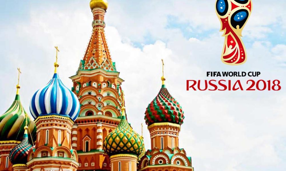Fifa worldcup russia 2018 logo and Moscow's Saint Basil's Cathedral background